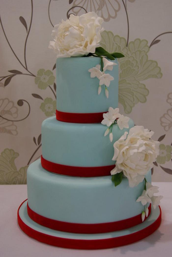 Tiffany Blue with Peonies Wedding Cake