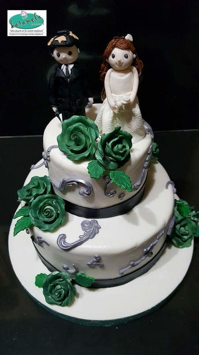 Moss green & white wedding cake