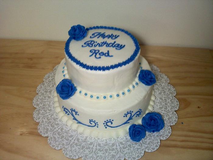 Blue and white birthday cake