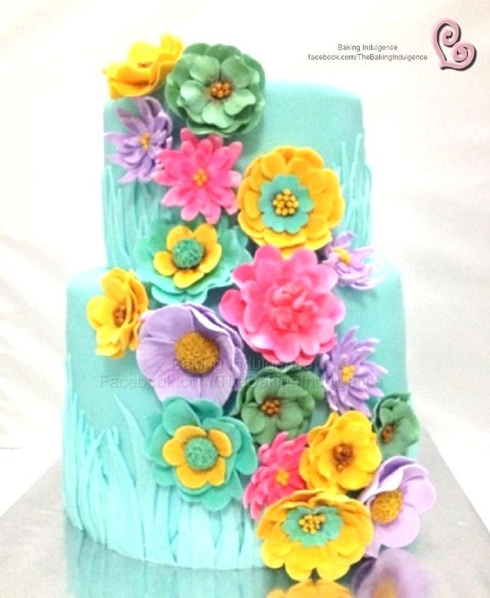 Cascade of Flowers on Turquoise Wedding Cake