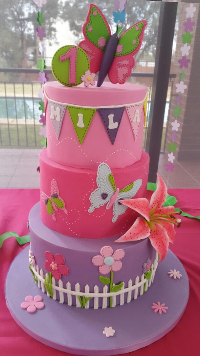 A garden and butterfly cake