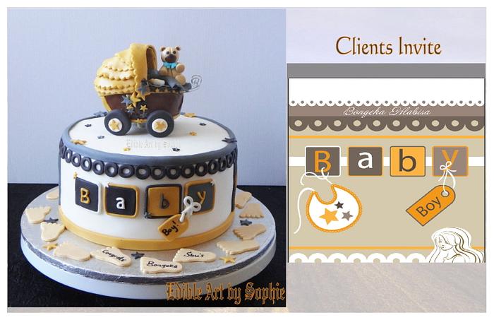 Invite inspired baby Shower Cake ;) With a cutie bear on a stroller.