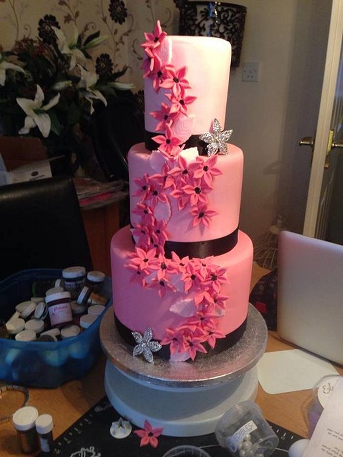 Pink and black wedding cake