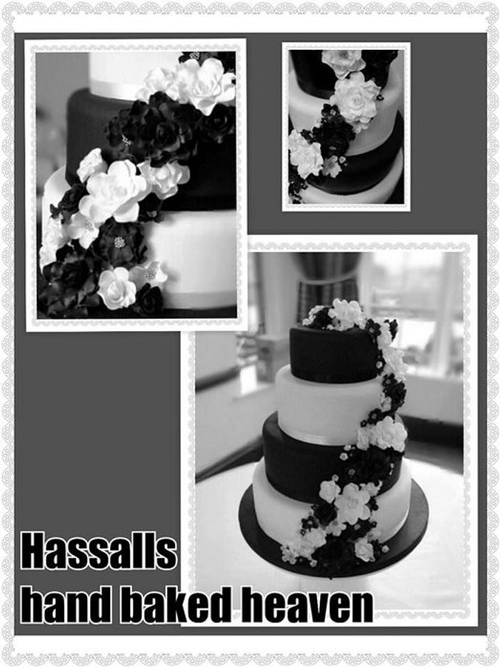black and white floral 4 tier wedding cake