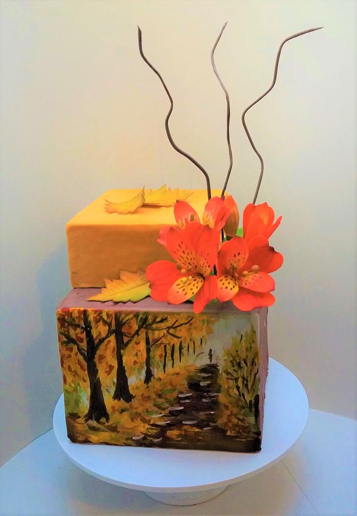 Autumn cake with sugar alstroemeria
