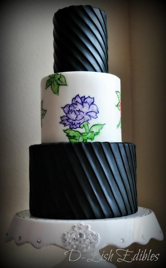 Black & White Cake w/ Handpainted flowers