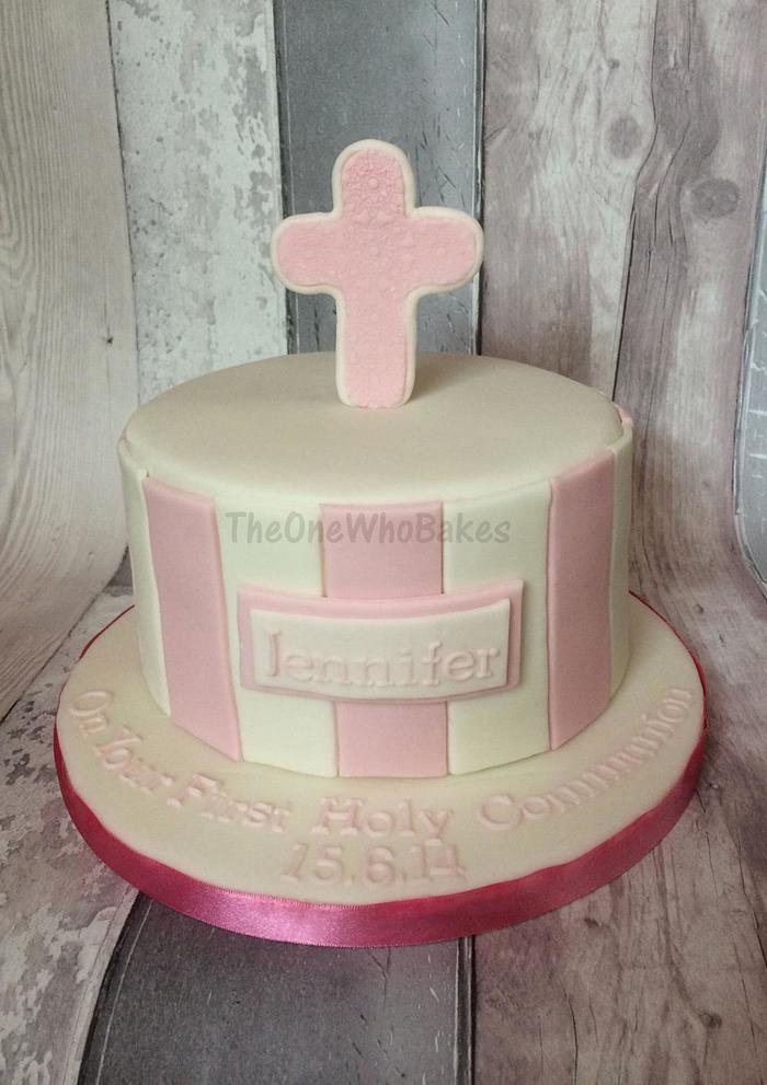 Pink & White First Holy Communion Cake