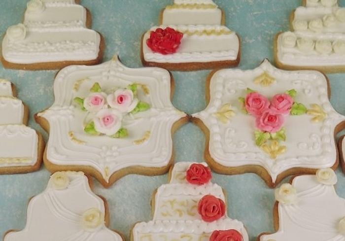 Wedding cake cookies with royal icing roses