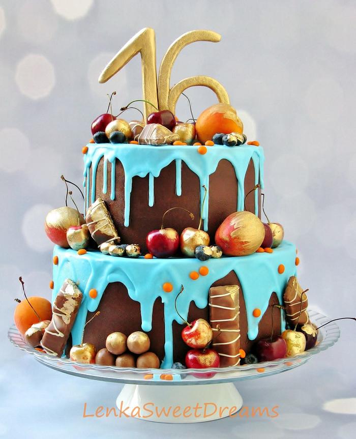 Chocolate ganache birthday cake.