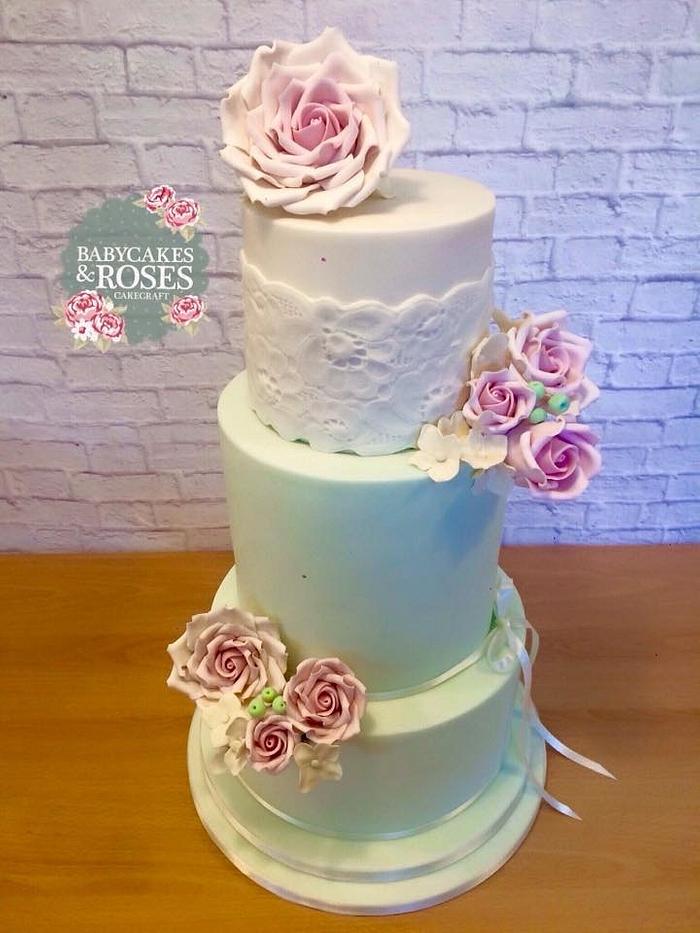 3 Tier Mint & Ivory Lace & Rose Wedding Cake