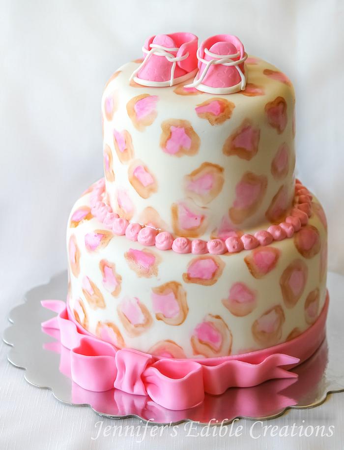 Leopard Print Baby Shower Cake with Edible Baby Shoes