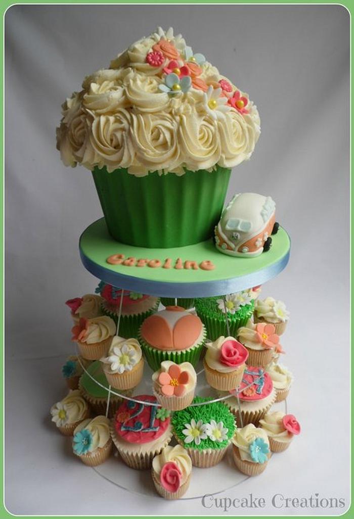 Cupcake Tower – with Giant Cupcake – White and single color roses –  Nibblerz Desserts