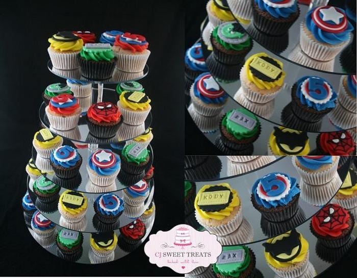 Superhero inspired Cupcake Tower for twin boys