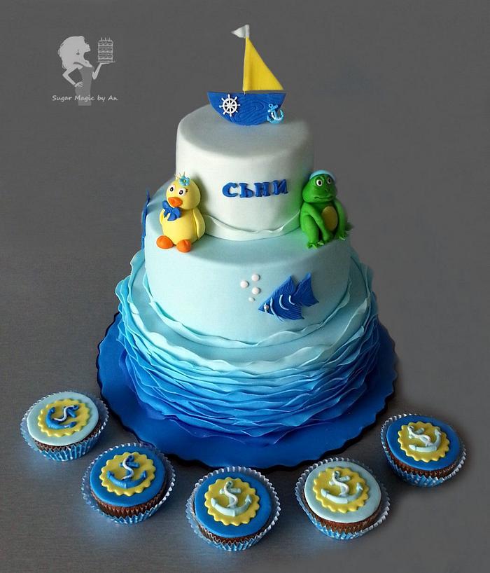 Cake with duck, frog and fish