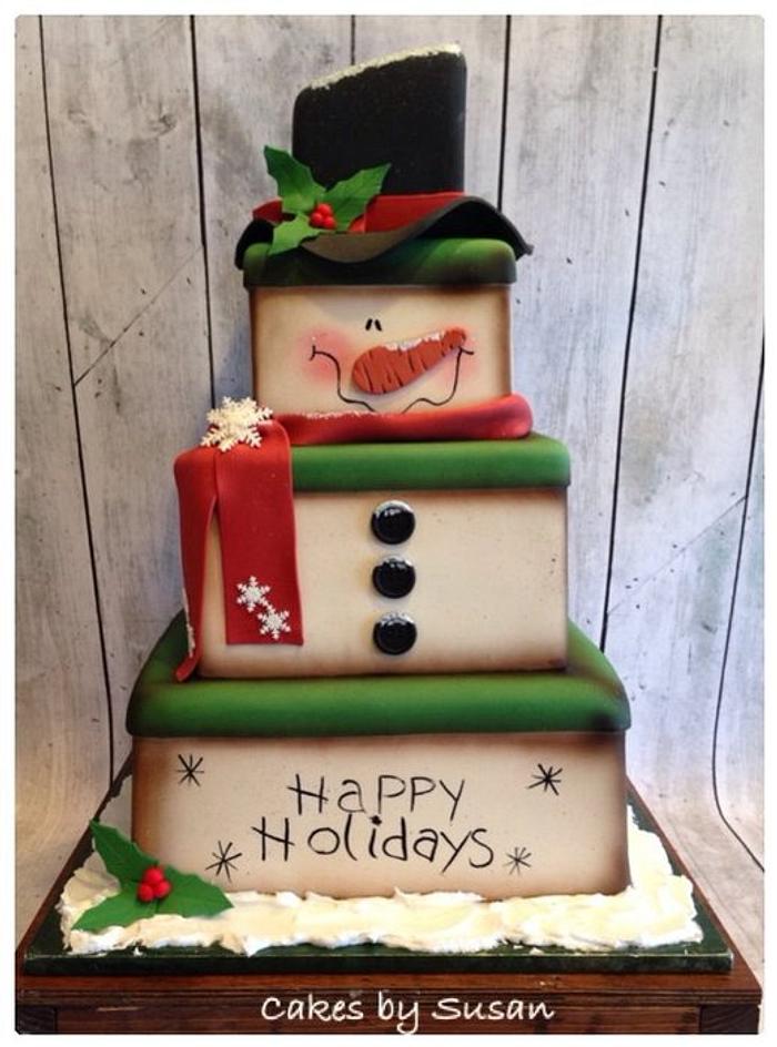 Primitive snowman box cake