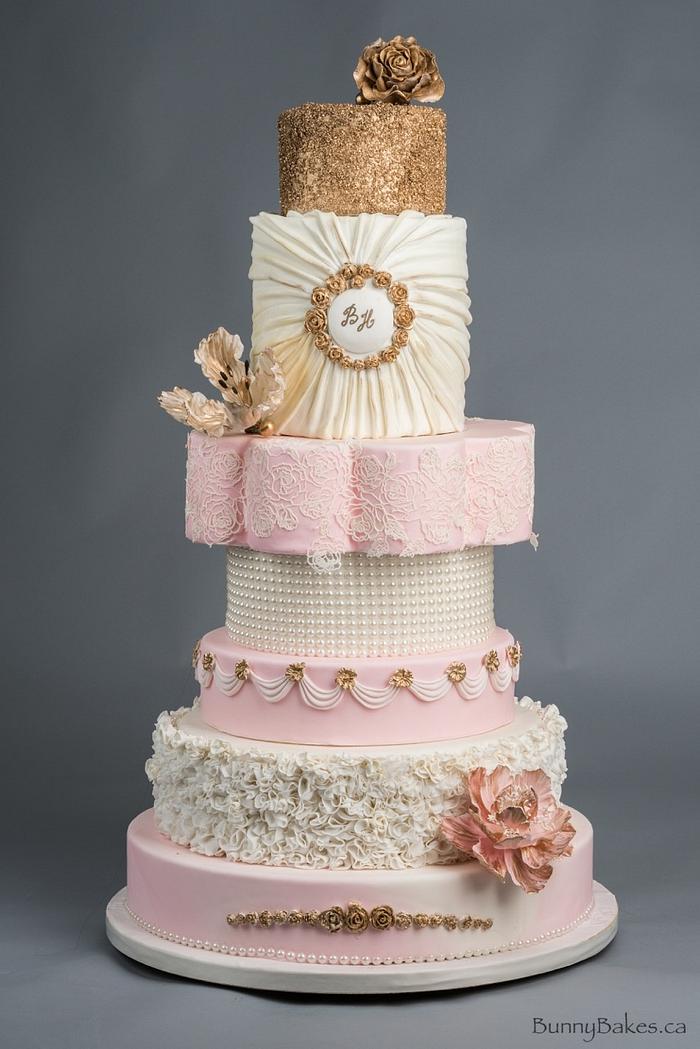 Blush, cream and gold sparkle wedding cake