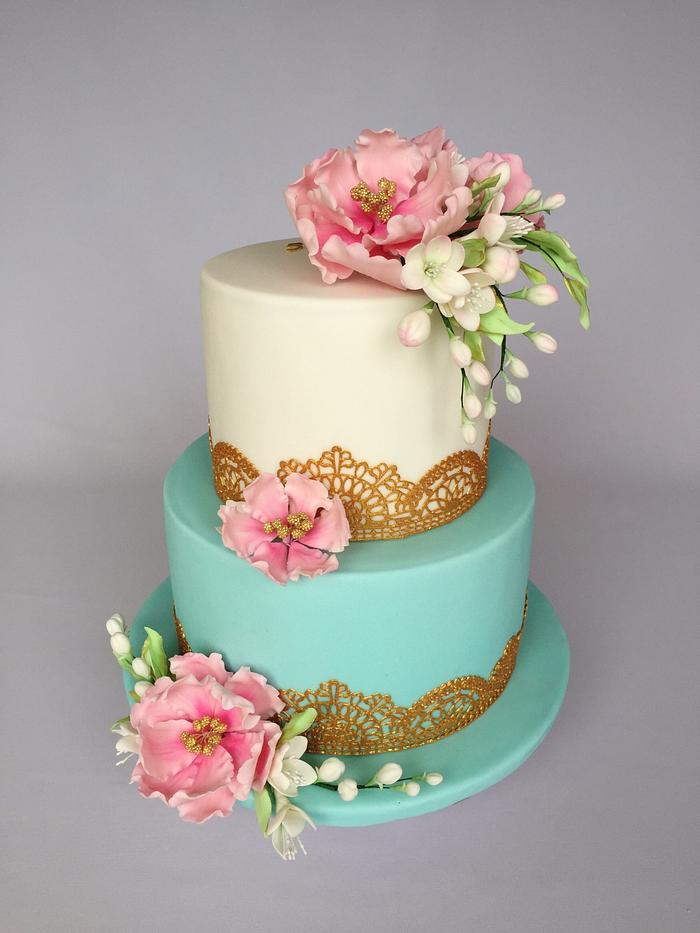 Turquoise  gold and flowers 