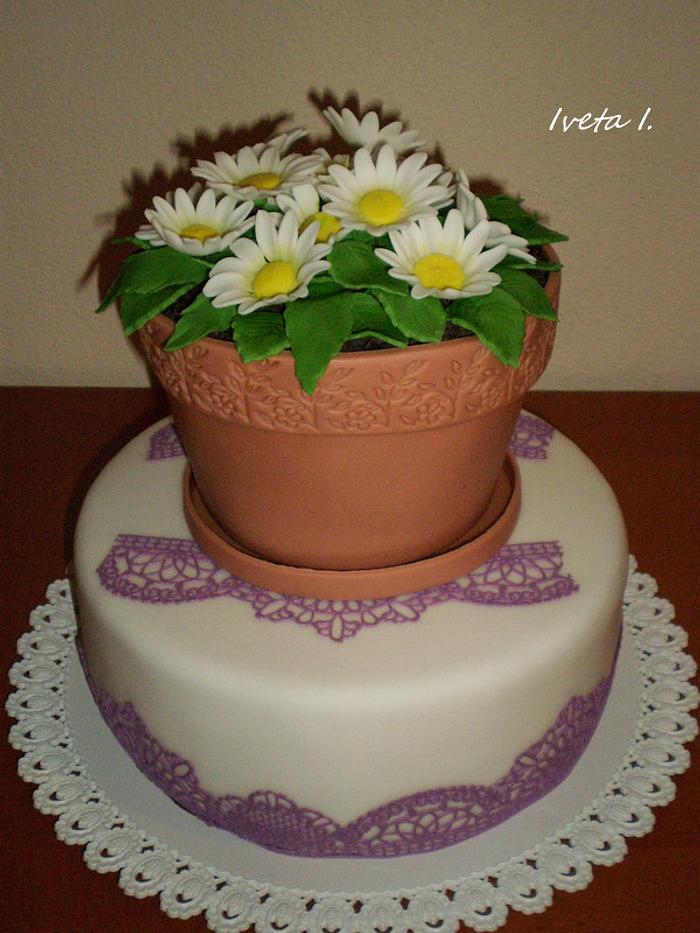 cake flower pot with daisies