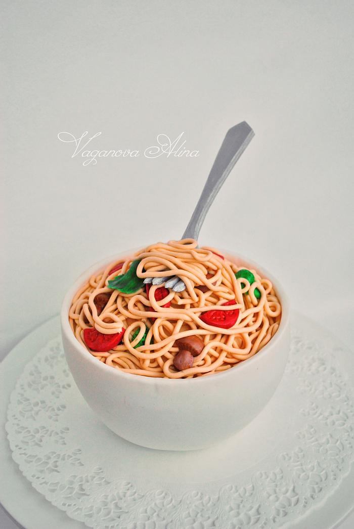 spaghetti with tomatoes and basil cake