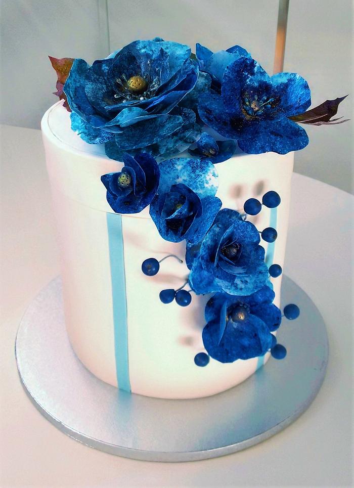 Blue box cake with wafer paper flowers 