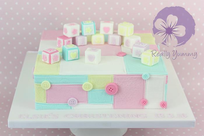 Christening cake, with patchwork and baby blocks