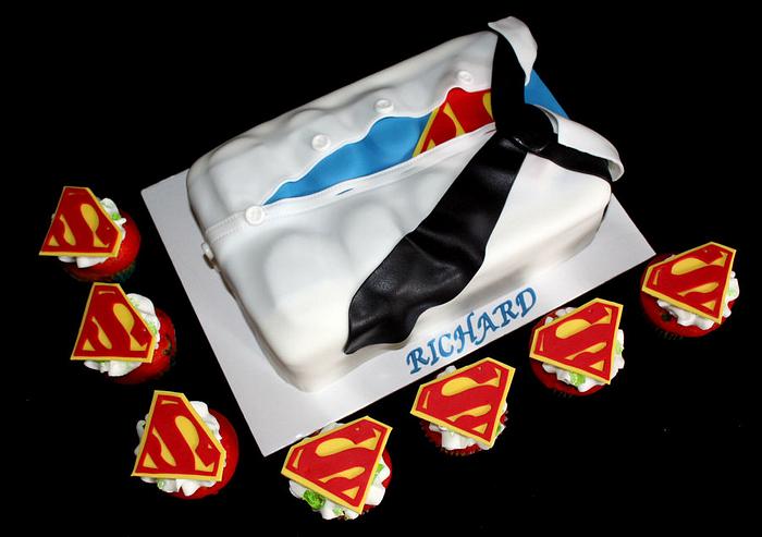 Superman T-shirt Cake and Logo Cupcakes