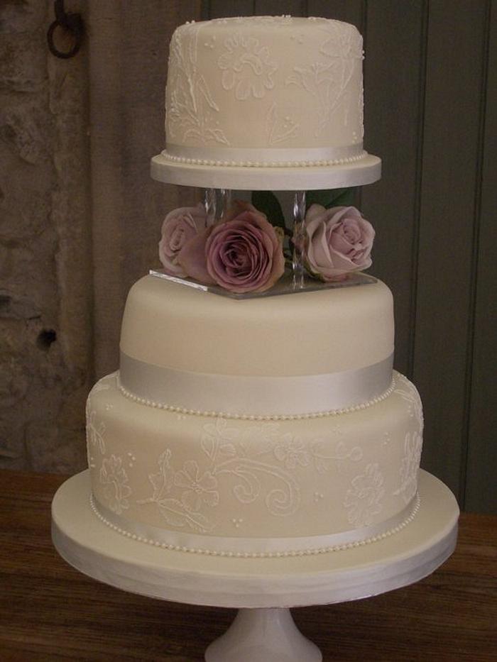 Brush Embroidered Lace Wedding Cake