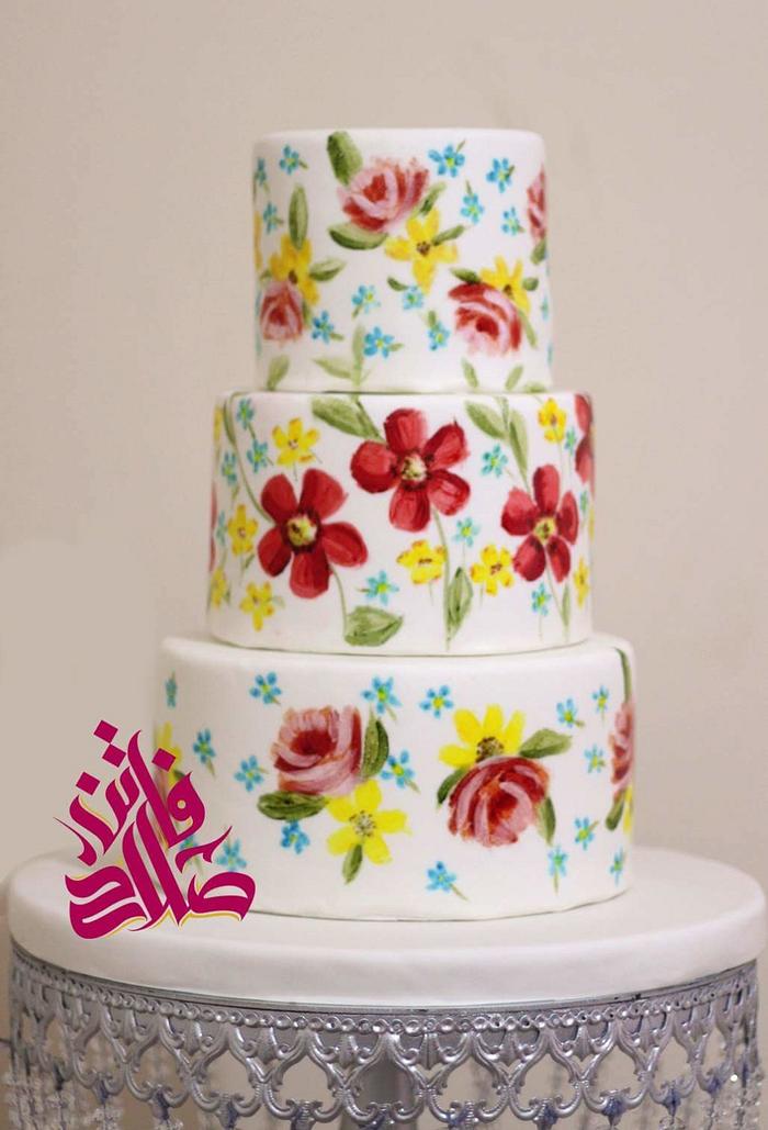Free-hand painted flowers wedding cake