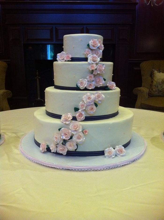 Tiered Wedding Cake with Pink Gum Paste Roses