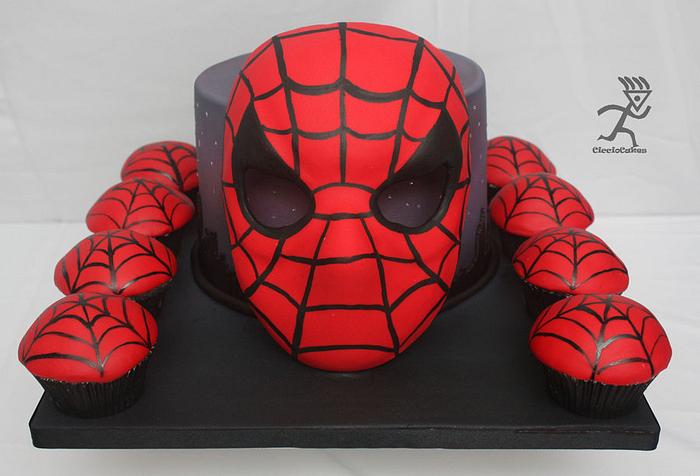 Spiderman Mask Cake with matching Cupcakes with Tutorial for Mask