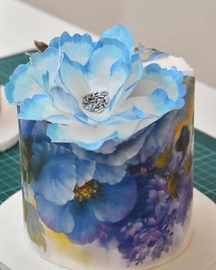 Torta con diseño en papel de arroz, flor en papel de arroz
