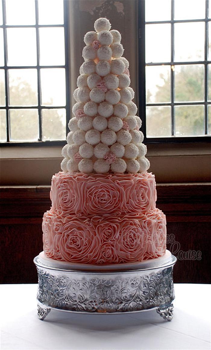 Ruffle cake with tower of cake balls