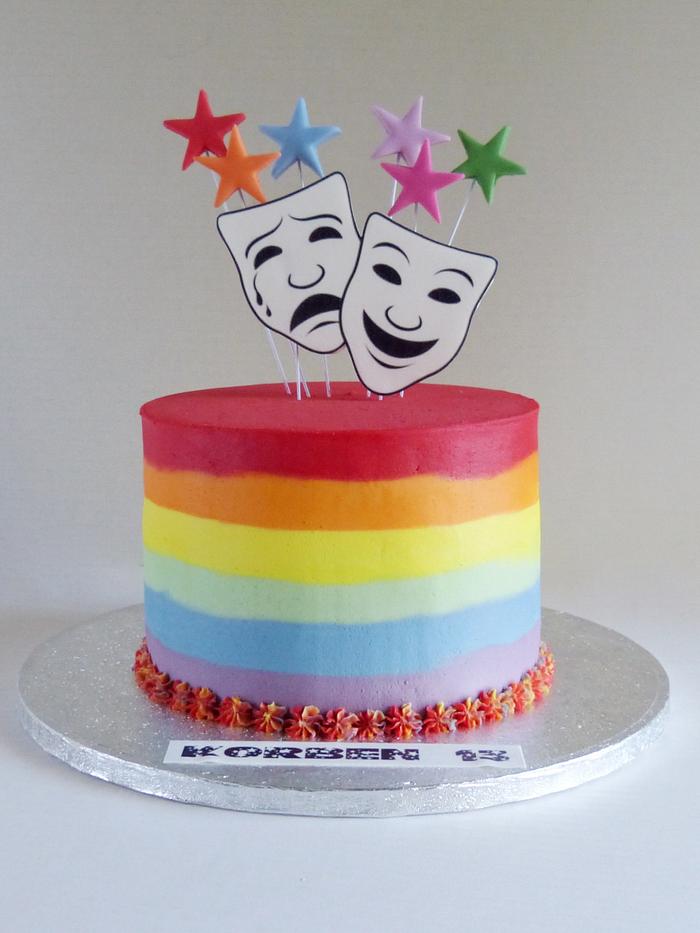 Buttercream rainbow stripe theatre masks cake