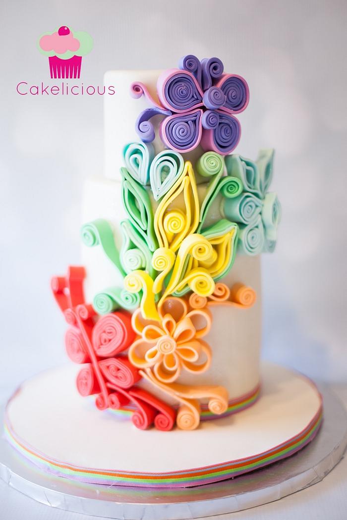 Rainbow Quilled Floral Double-Barreled Cake