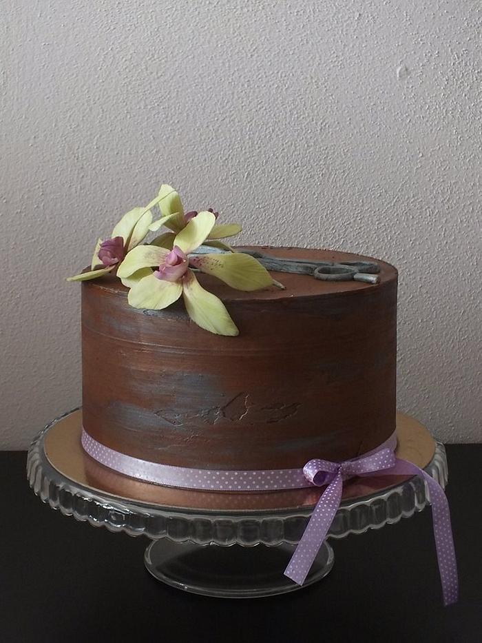 chocolate cake with orchid