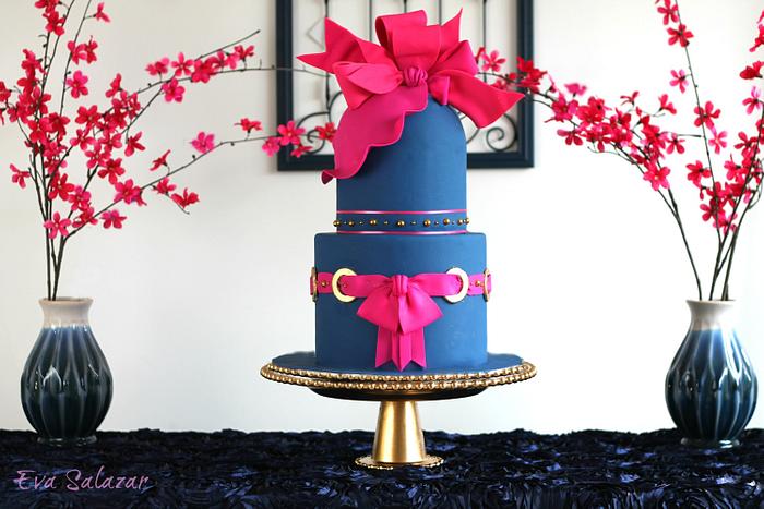 Navy Blue Hot pink Bow Cake
