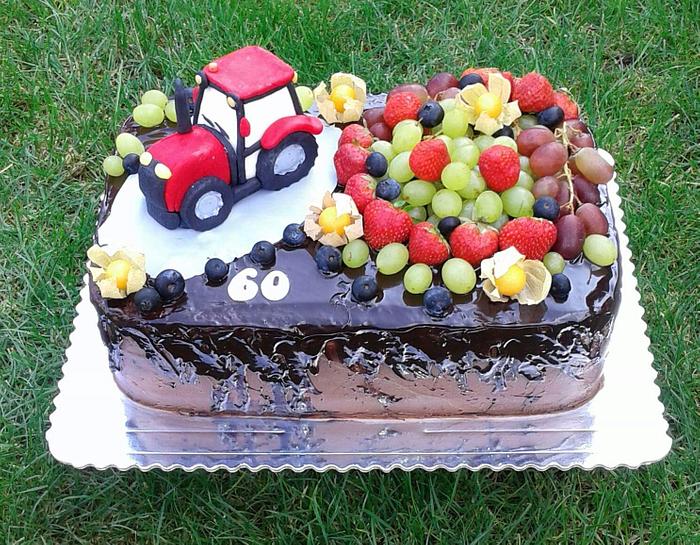 Chocolate cake with Tractor and fresh fruits