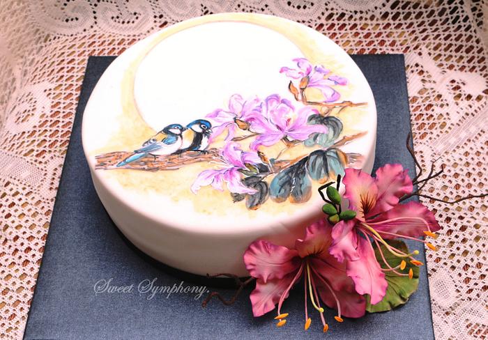 Bauhinias with hand painted birds 