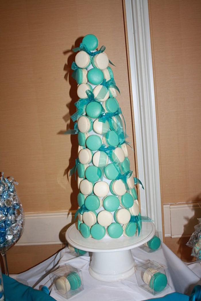 Teal and white macaron tower