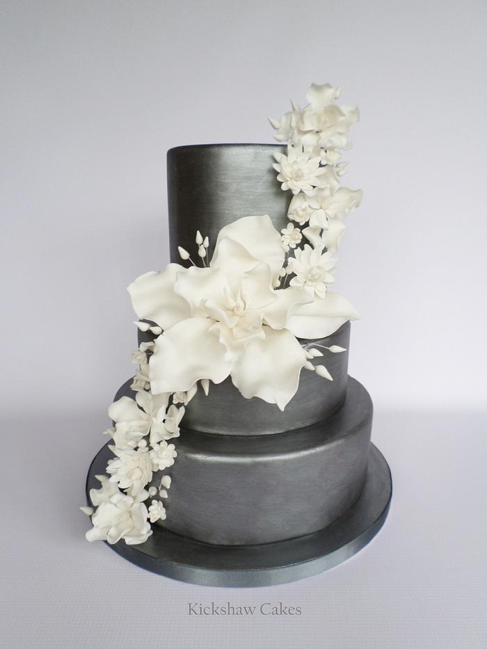 Antique Silver and White Wedding Cake