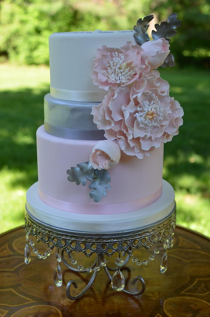 Blush and Sliver Engagement Cake