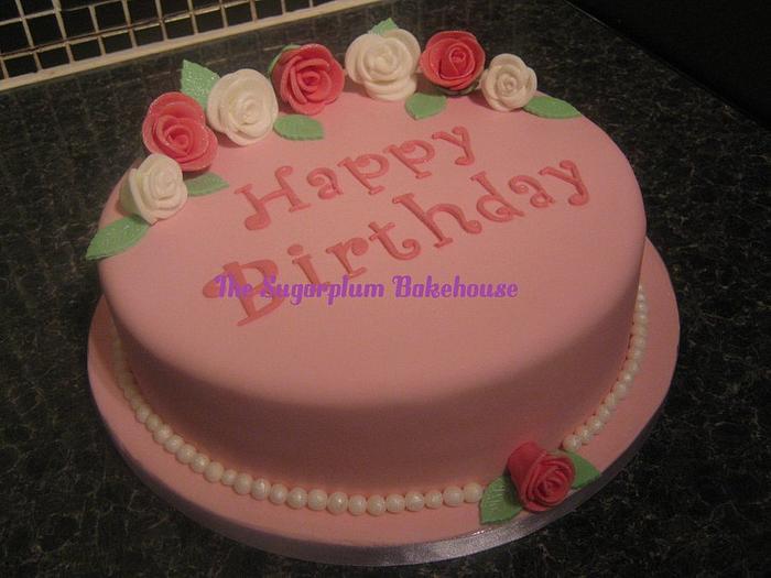 Pink & White Happy Birthday Cake
