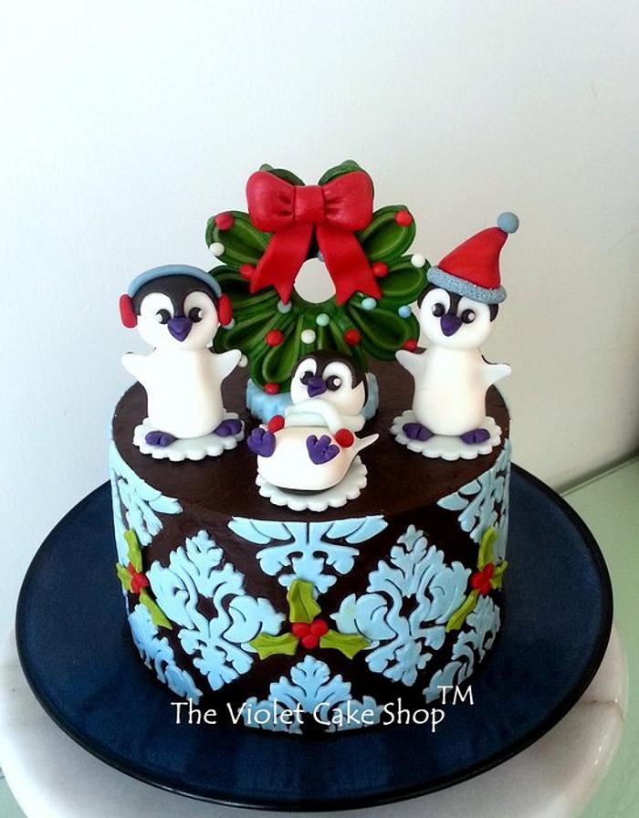 Damask Christmas Cake with Penguin Toppers a la Cake Dutchess
