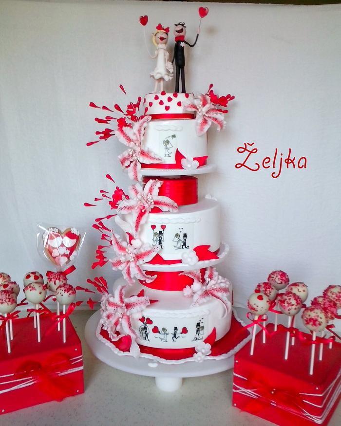  Wedding red white cake WITH Stickman 