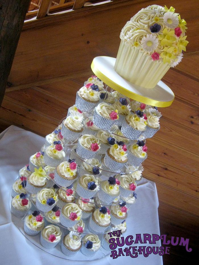 Bright Flowery Wedding Cupcake Tower