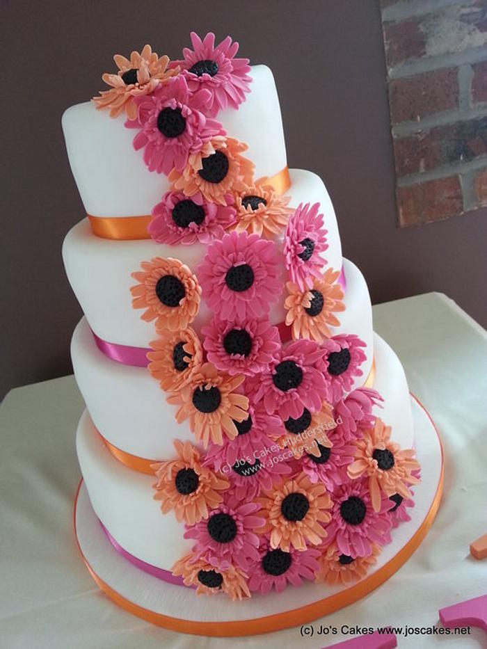Hot Pink and Orange Gerberas Wedding Cake