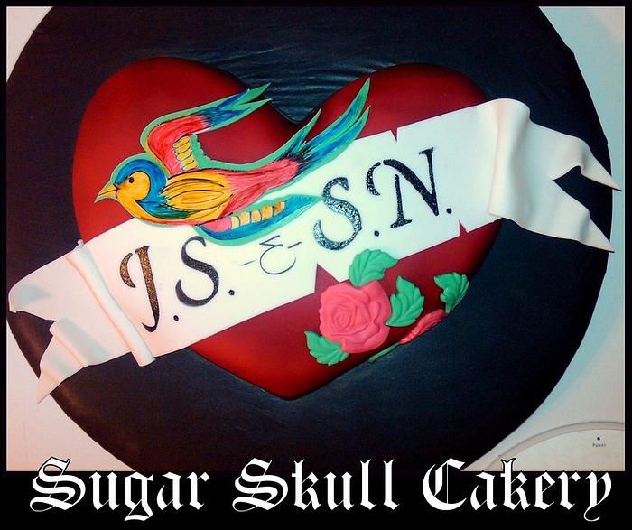 Old School Tattoo Heart and Banner Cake