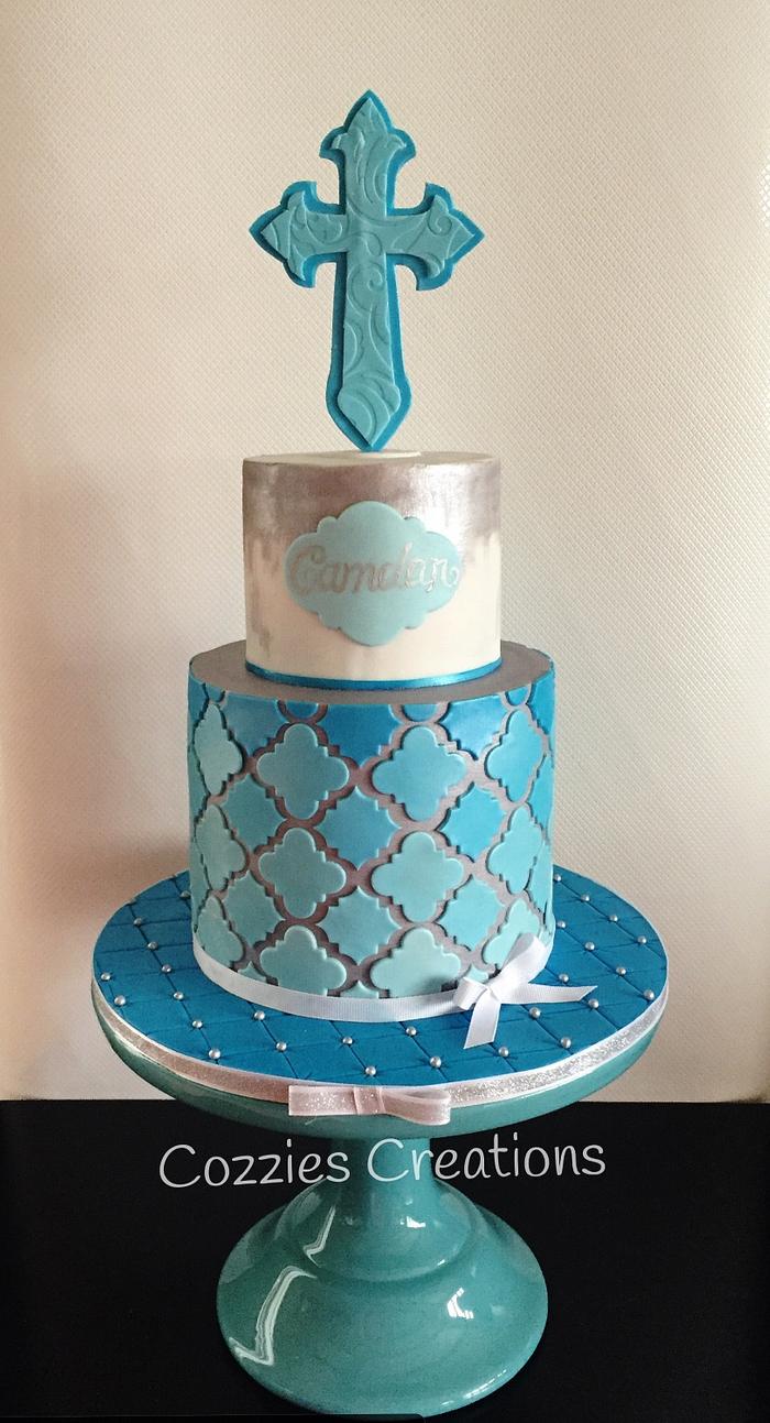 Blue christening cake 