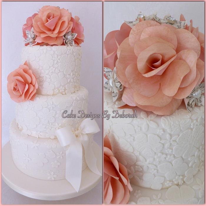 Lace Wedding Cake with Paper Flowers