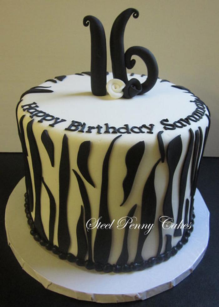 Sweet 16 zebra striped cake- rainbow cake inside!